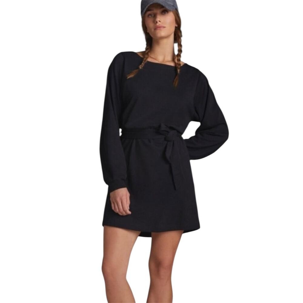 Anthropologie Daily Practice Black Long Sleeve Tie Waist Mini Dress Size S NWT